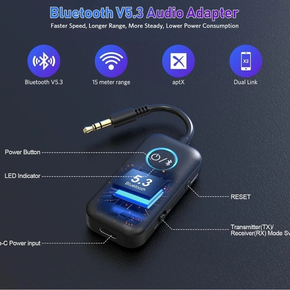 Bluetooth 5.3 Transmitter Receiver for TV/Airplane to 2 Headphones (047)